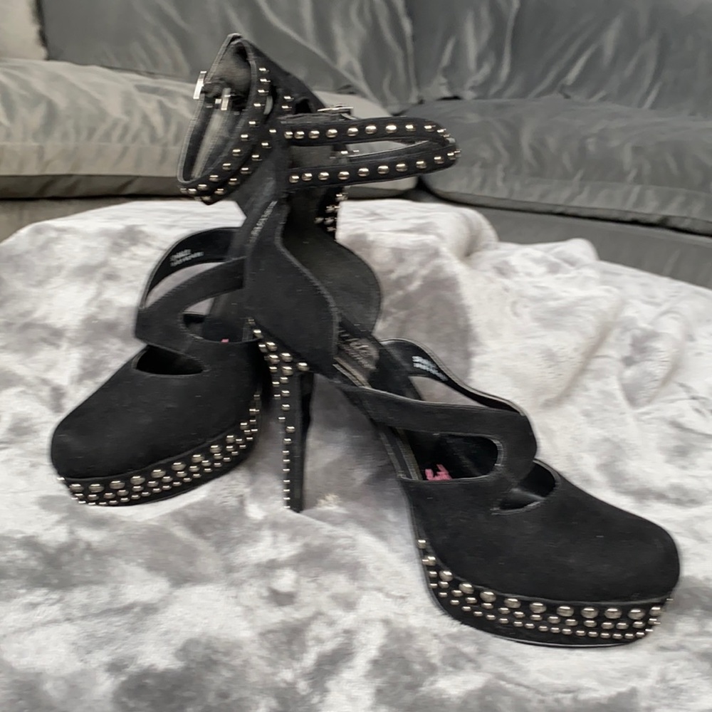 Black platform high heels with double ankle strap